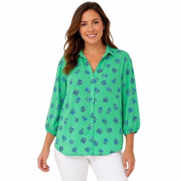 CAbi Tops - CAbi Tunic Blouse Womens Medium Green Floral Button Front 3/4 Sleeve Top